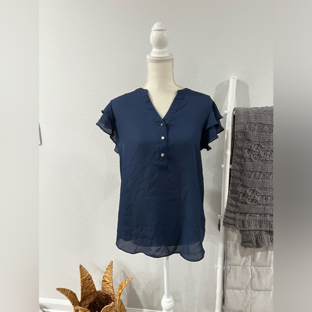 New Directions Navy Blue Sheer Ruffle Blouse